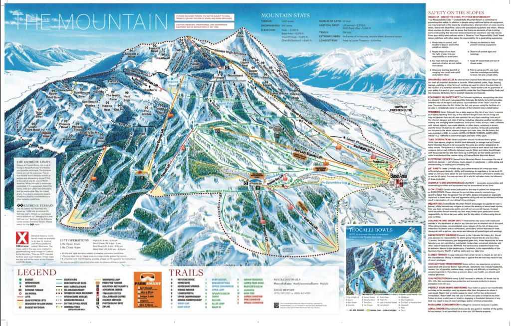 Bản đồ đường trượt tuyết Crested Butte, năm 2018-19