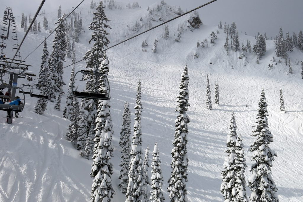 Knot Chutes nhìn từ cáp treo White Pass Quad tại Fernie, tháng 2 năm 2018