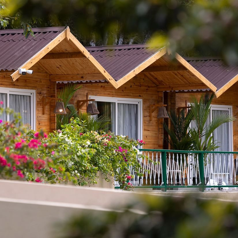 Cottages nhìn toàn cảnh với hoa nở phía trước - Stone Wood Jungle Resort, Dandeli