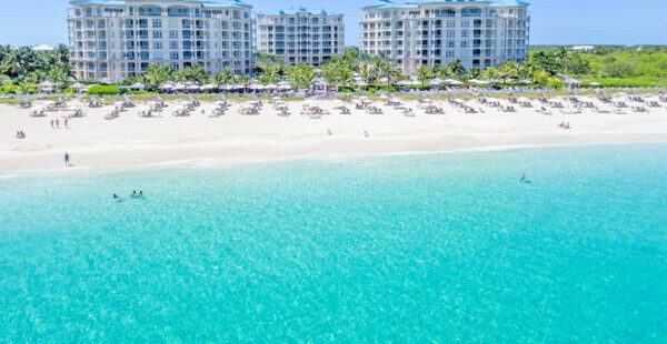 Drone photo of Seven Stars, taken from the oceanside of Grace Bay Beach