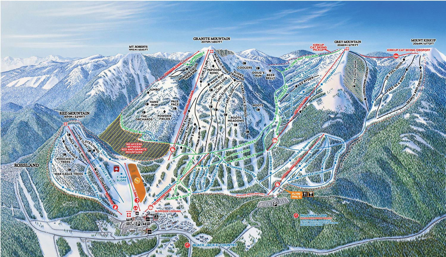 Khung cảnh hùng vĩ tại Red Mountain Resort BC, với những ngọn núi phủ đầy tuyết và rừng cây xanh tươi.