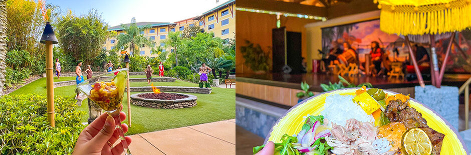 Bàn tiệc tại Royal Pacific Luau với nhiều món ăn hấp dẫn