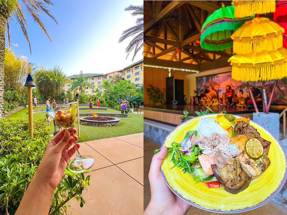 Bàn tiệc tại Royal Pacific Luau với nhiều món ăn hấp dẫn